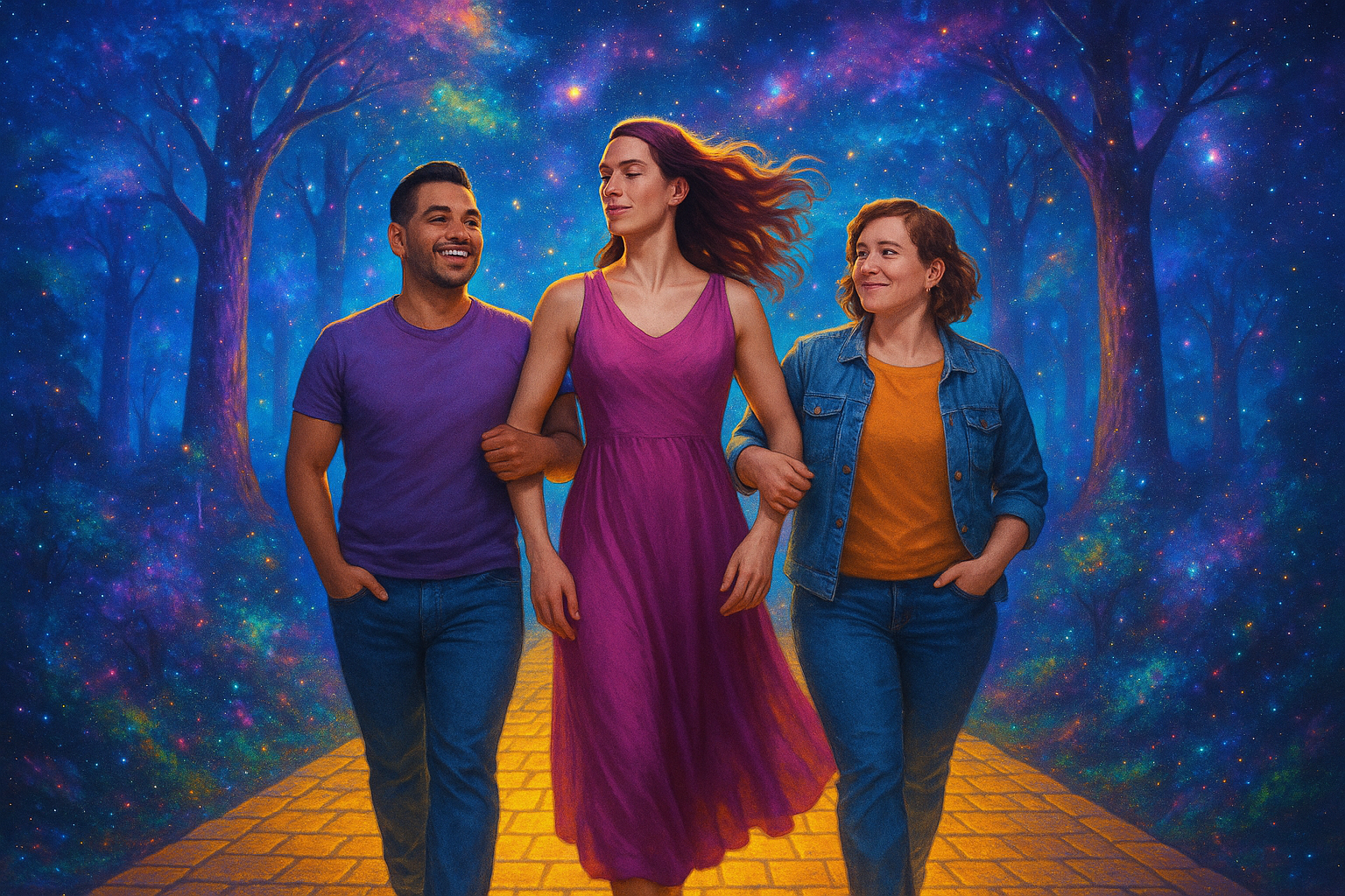 a photograph of a proud gay guy and a male to female transexual and a proud lesbian walk down a yellow brick road in a cosmic forest in space