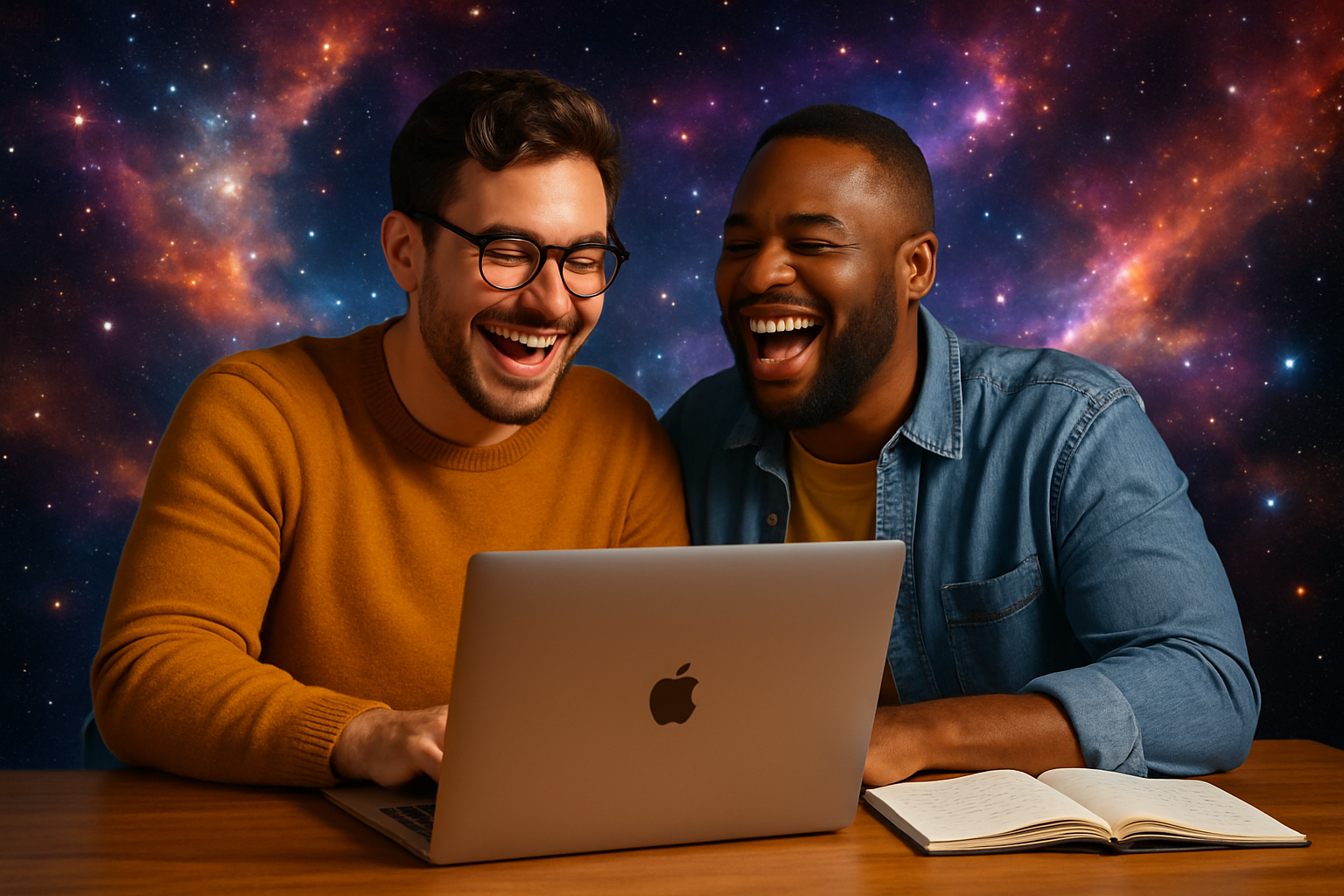 photo of a fun happy gay couple working on writing blog articles on a Mac laptop laughing with a cosmic background
