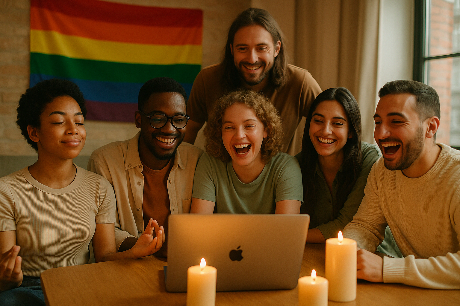photo of a group of men and woman looking at an apple laptop one meditating another laughing the group enjoys itself with pillar candles on the table and a lgbt pride rainbow flag hangs in the background