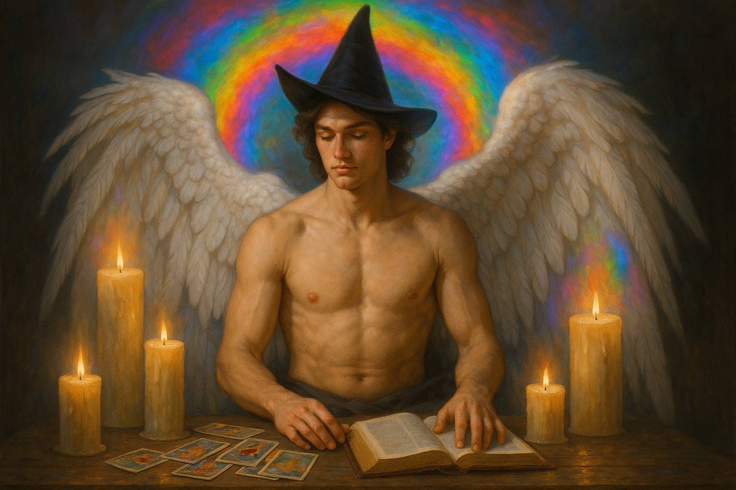 photo of a male angel, no shirt, rainbow aura, wearing a black pointed witches hat surrounded by pillar candles, tarot cards and a bible